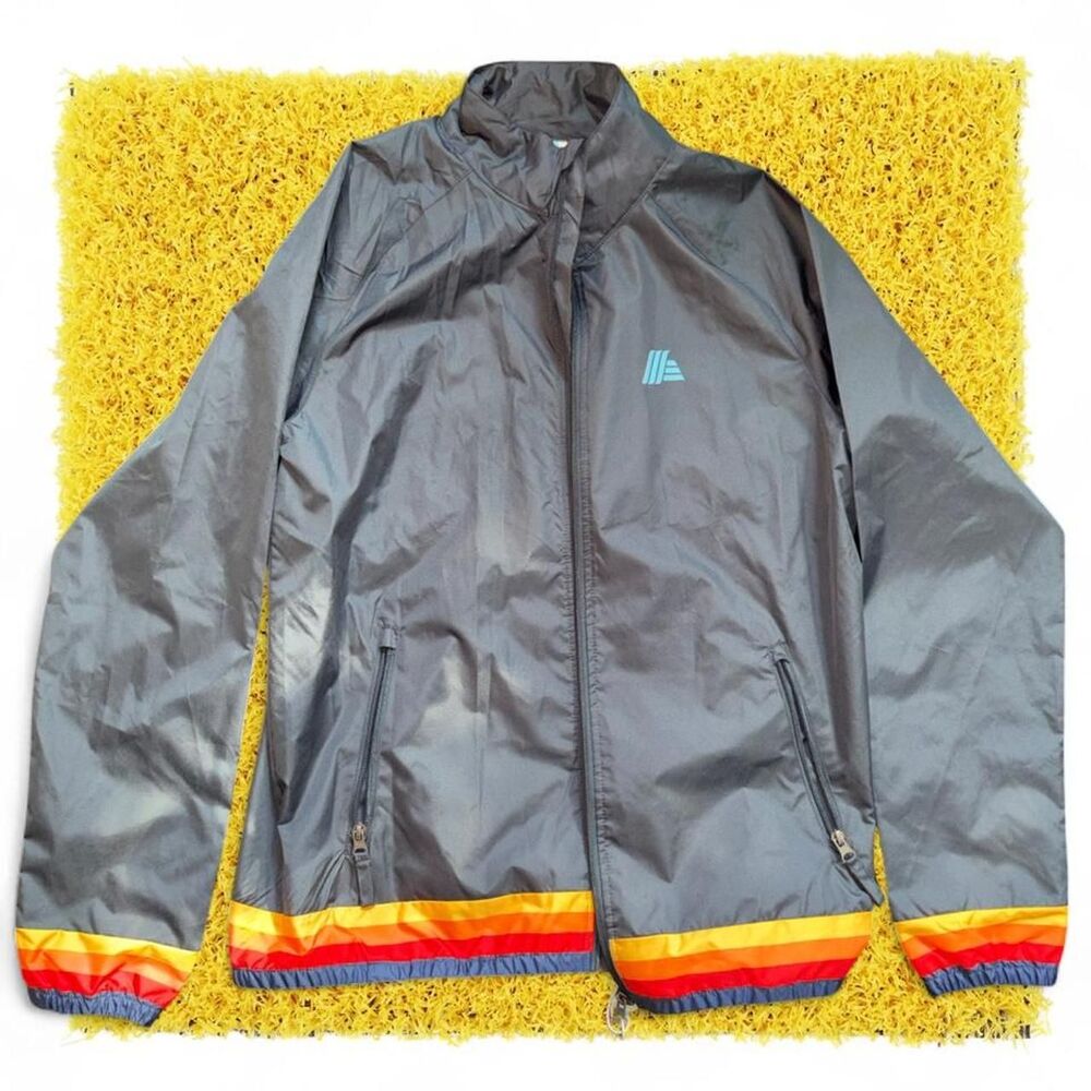 Aldi grey windbreaker jacket with orange and yellow stripes Size M #windbreaker